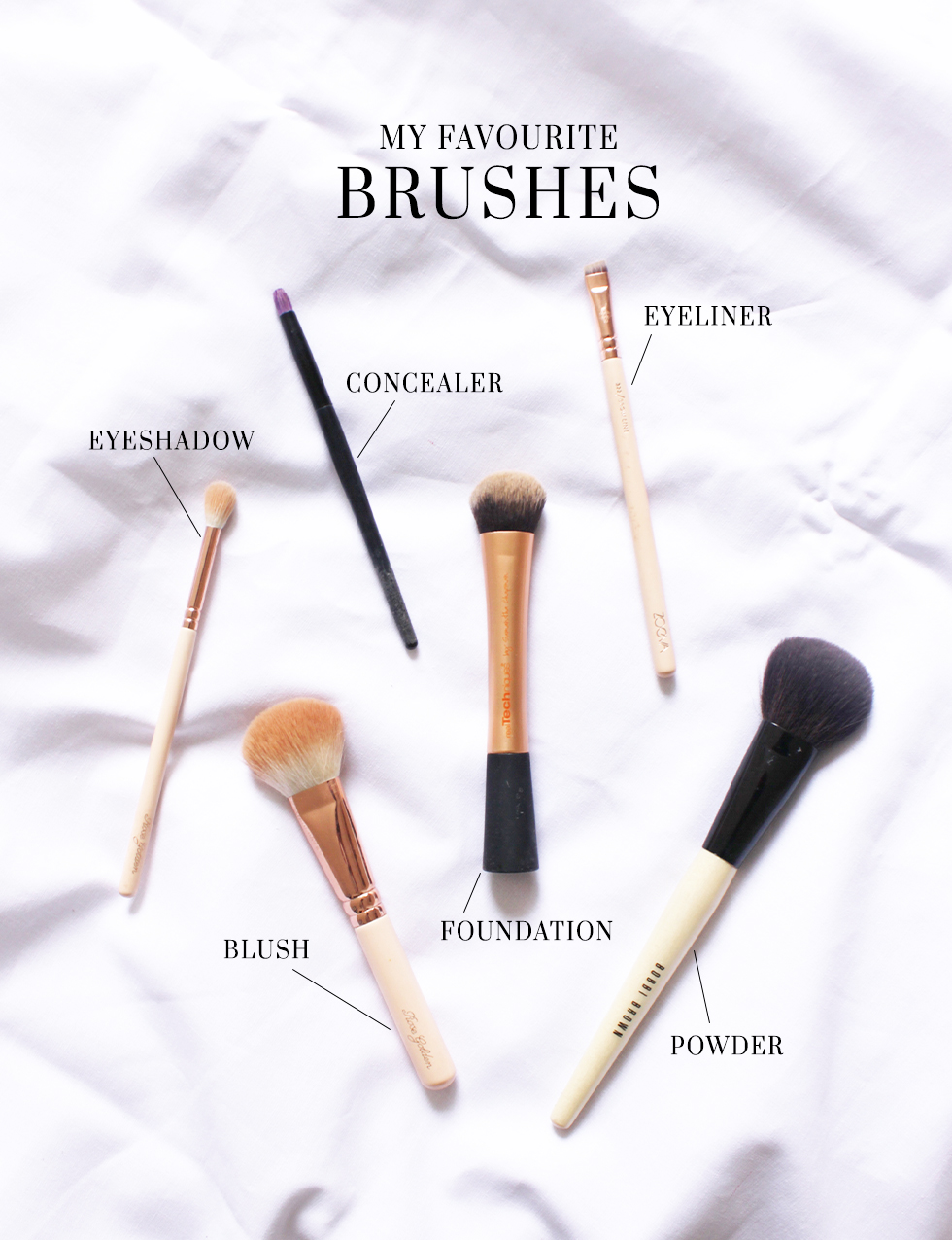 my favorite make up brushes, bobbi brown powder brush, essence eyeshadow brush, zoeva brush